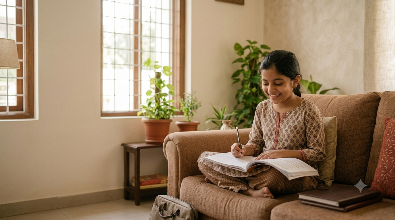 A happy, confident child enjoying learning at home