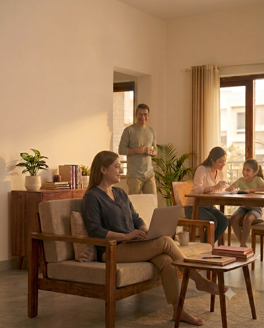 A mother, father, child and tutor sharing a warm home-tutoring moment
